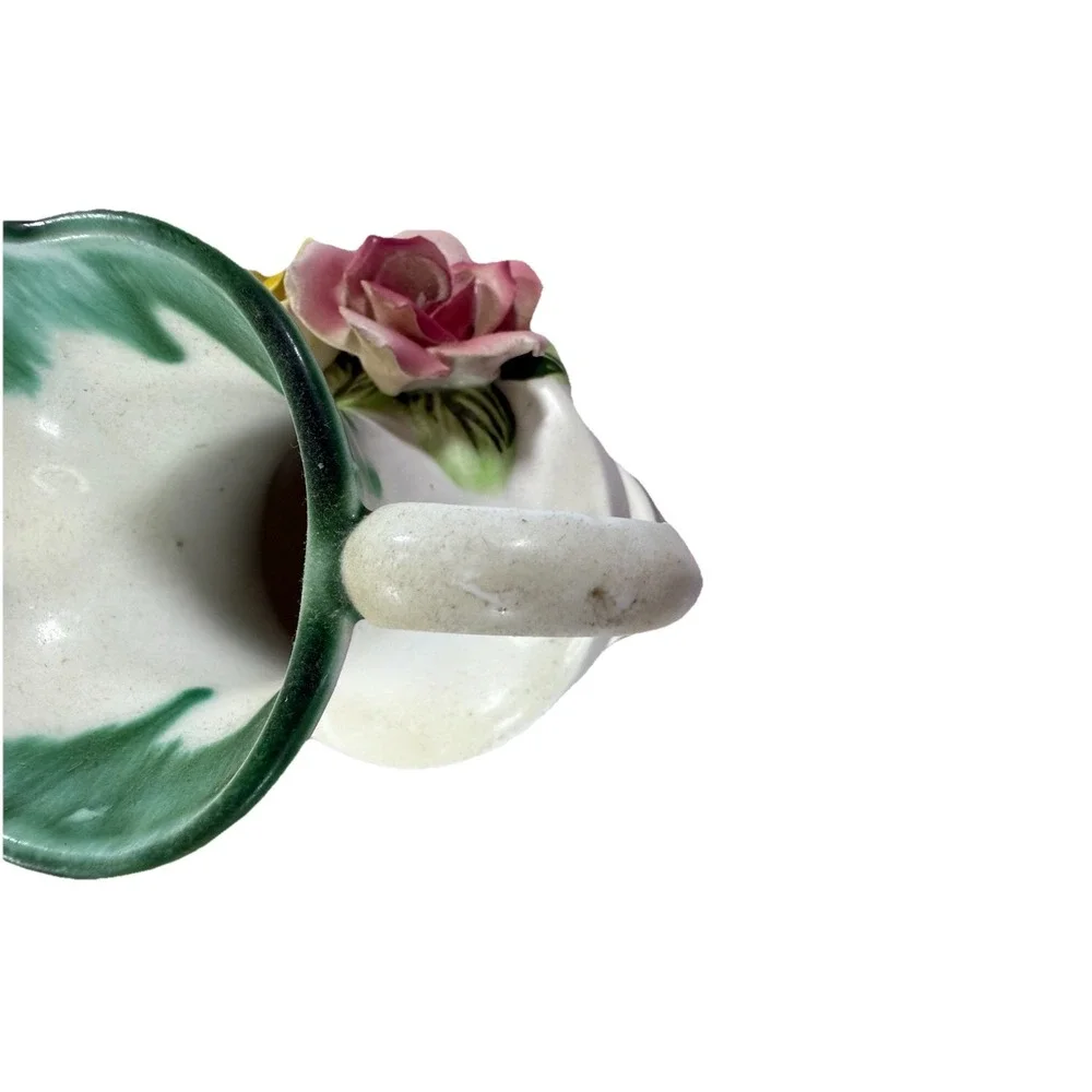 Vintage Wales Japan Ceramic Rose Pitcher Vase Pink Yellow Flowers Green Drip